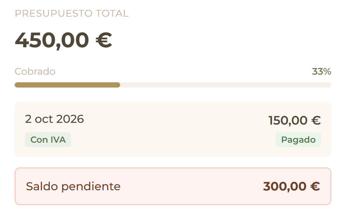 Pagos de un expediente: presupuesto de 450 €, cobrado el 33 % (un pago de 150 €) y saldo pendiente de 300 €. Datos ficticios.